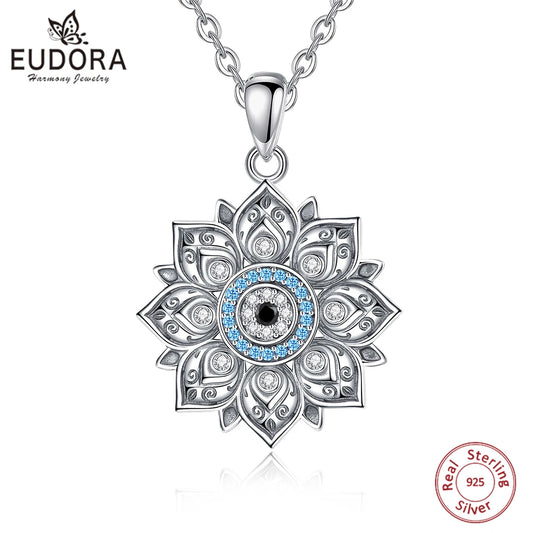 Lotus & Protective Eye 925 Sterling Silver Necklace