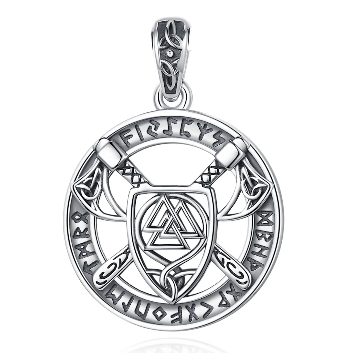 Eudora 925 Sterling Silver Nordic Viking Walknut Pendant with runes and axes