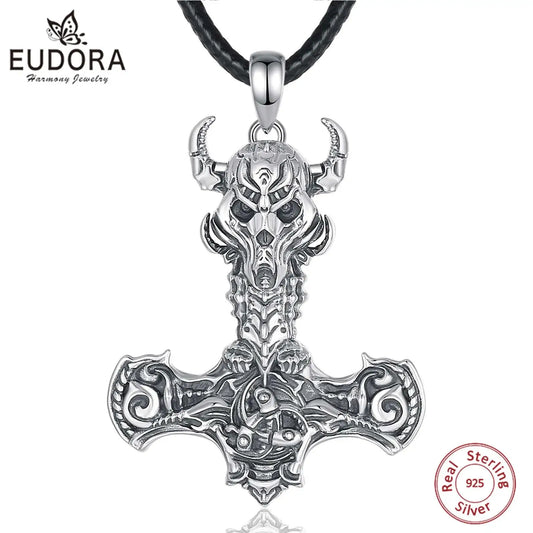 925 Sterling Silver Norse Viking Thor's Hammer skull Rune Necklace