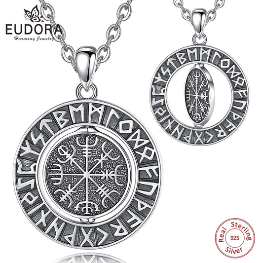 Eudora 925 Sterling Silver Viking Runes Pendant with Vegvísir