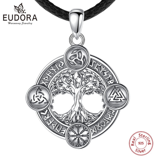 Eudora 925 Sterling Silver Tree of Life Yggdrasil Necklace with Runes