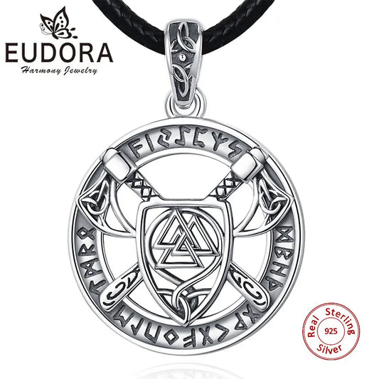 Eudora 925 Sterling Silver Nordic Viking Walknut Pendant with runes and axes
