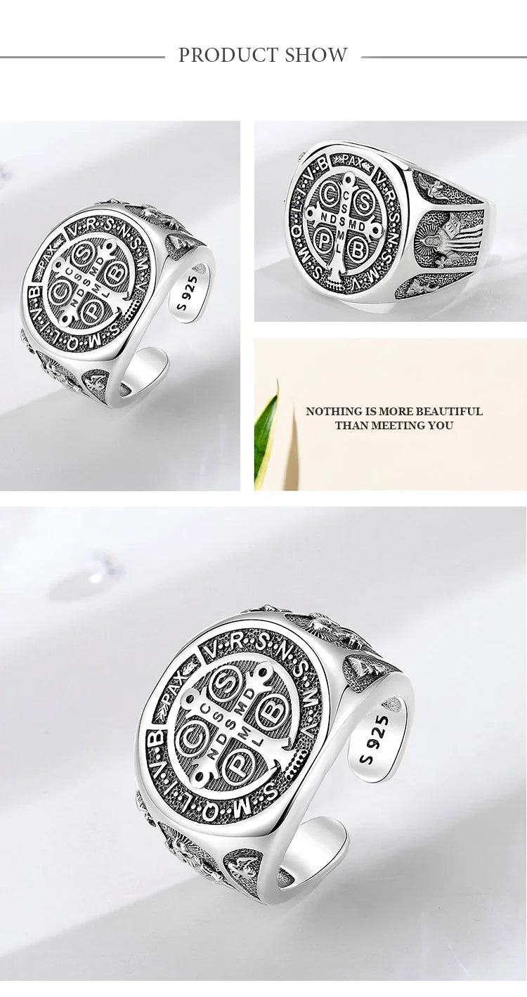 925 Sterling Silver Saint Benedict Adjustable Ring