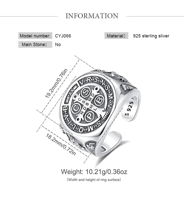 925 Sterling Silver Saint Benedict Adjustable Ring
