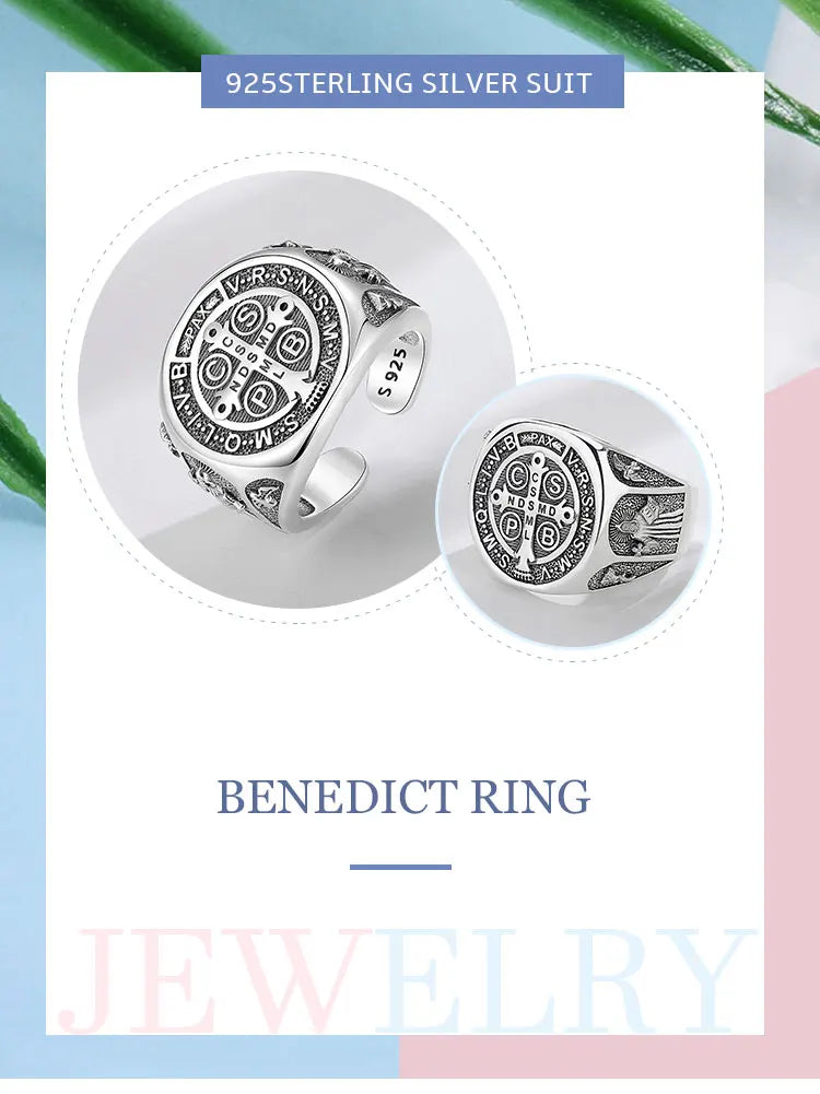 925 Sterling Silver Saint Benedict Adjustable Ring