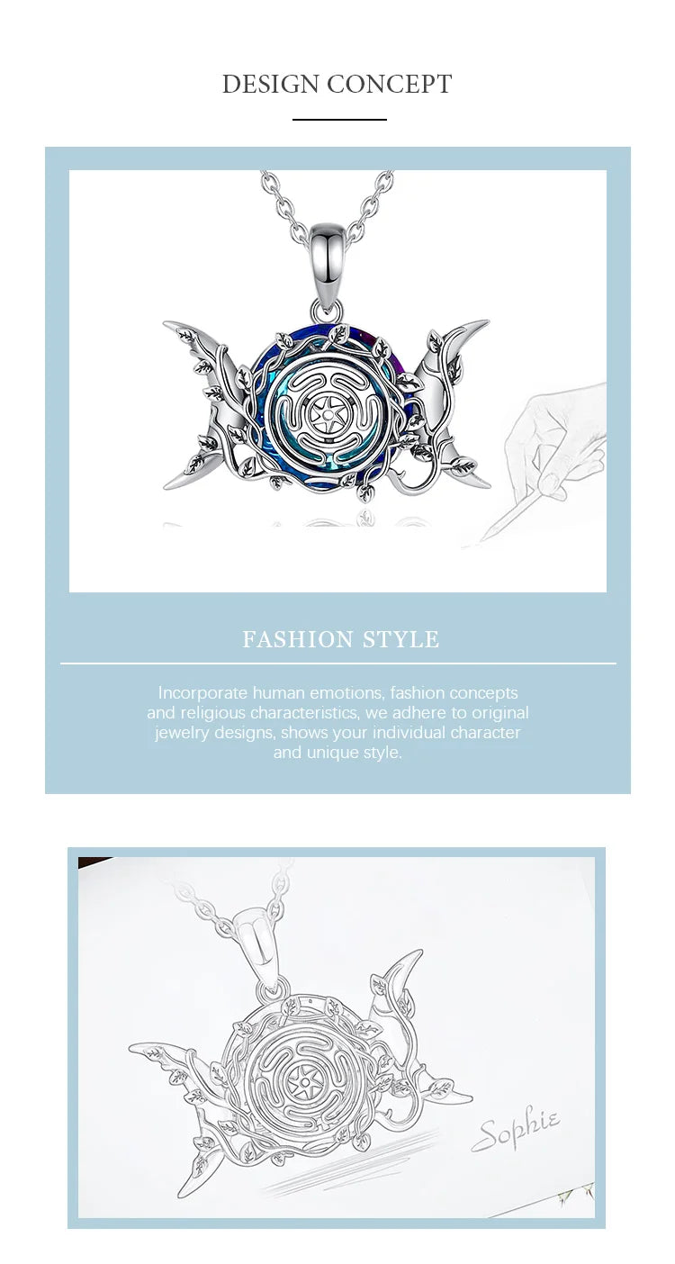 Eudora 925 Sterling Silver Hecate Wheel Necklace for Women Man Austrian Crystal Triple Moon Goddess