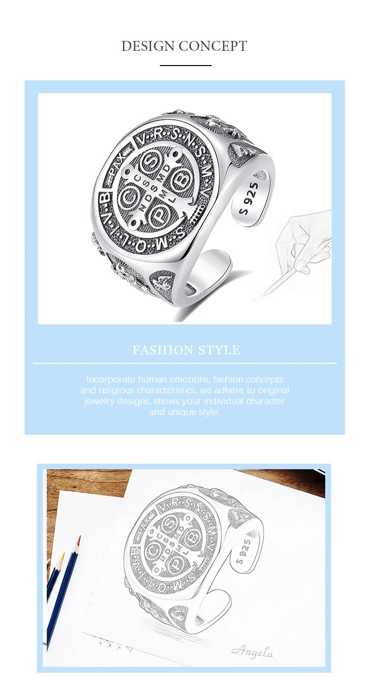 925 Sterling Silver Saint Benedict Adjustable Ring
