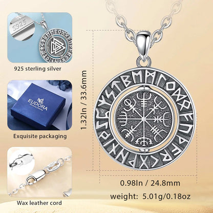 Eudora 925 Sterling Silver Viking Runes Pendant with Vegvísir
