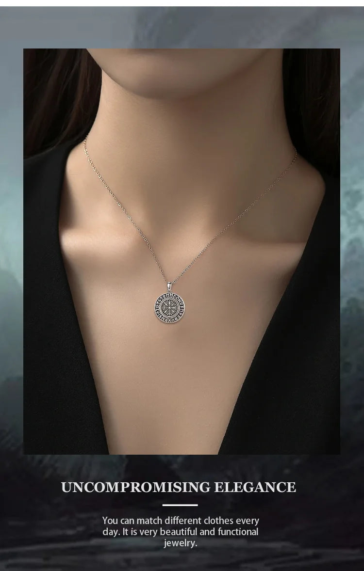 Eudora 925 Sterling Silver Viking Runes Pendant with Vegvísir