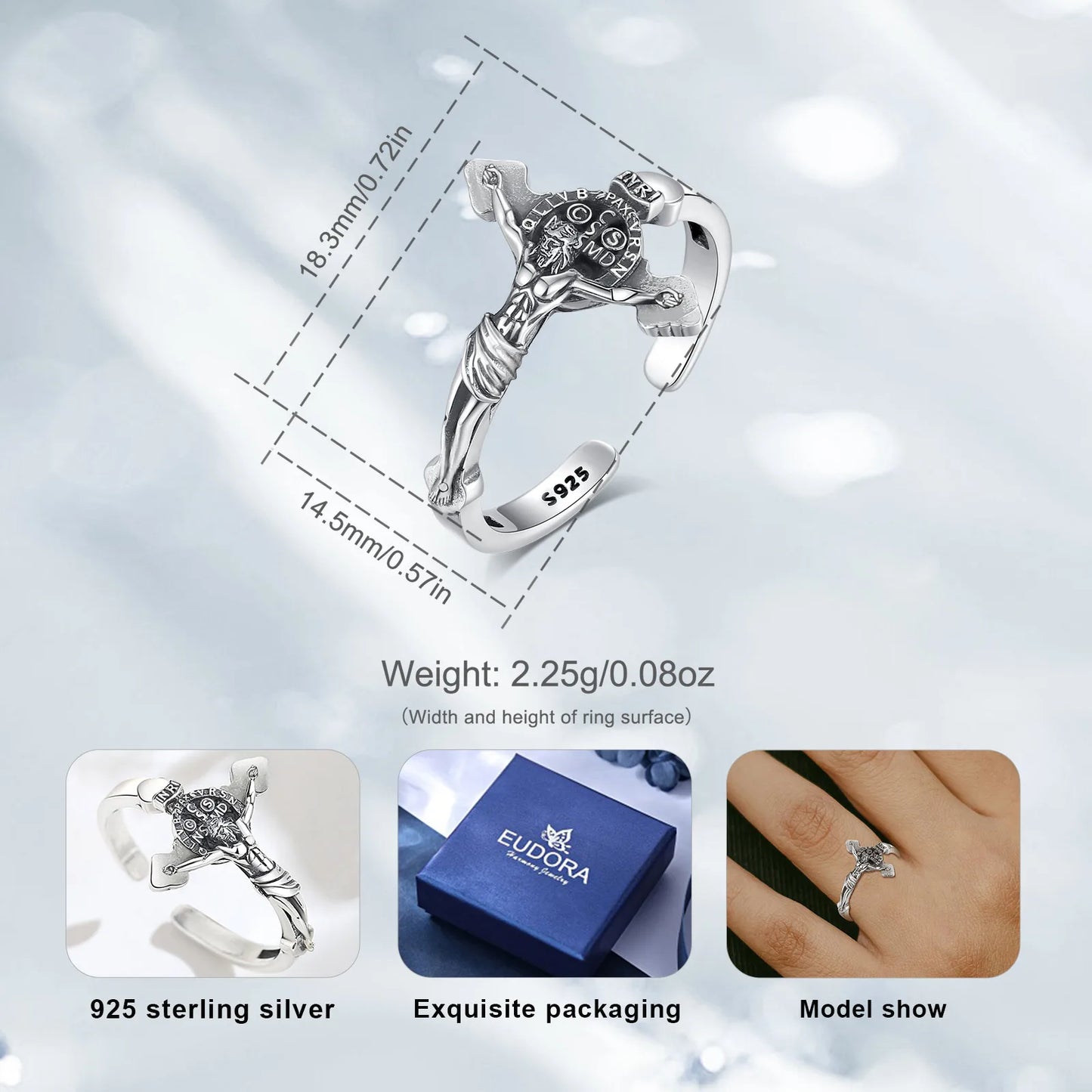 Eudora 925 Sterling Silver Jesus on cross  Adjustable Ring