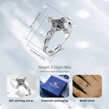 Eudora 925 Sterling Silver Jesus on cross  Adjustable Ring