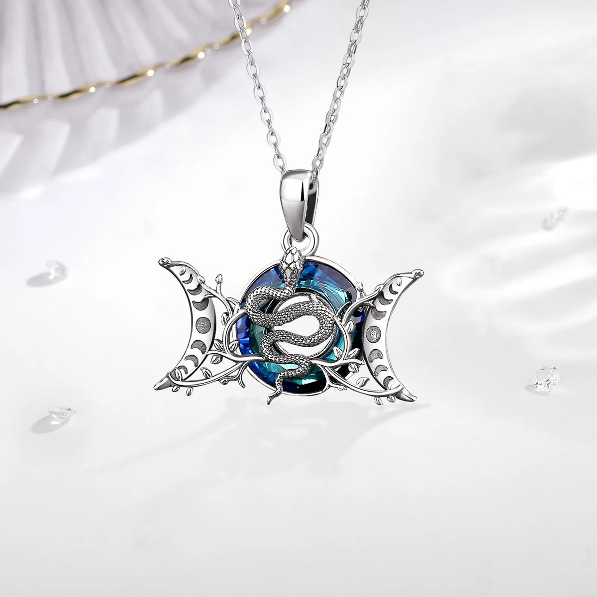 Eudora 925 Sterling Silver Triple Moon Goddess Snake Necklace with Austrian Crystal