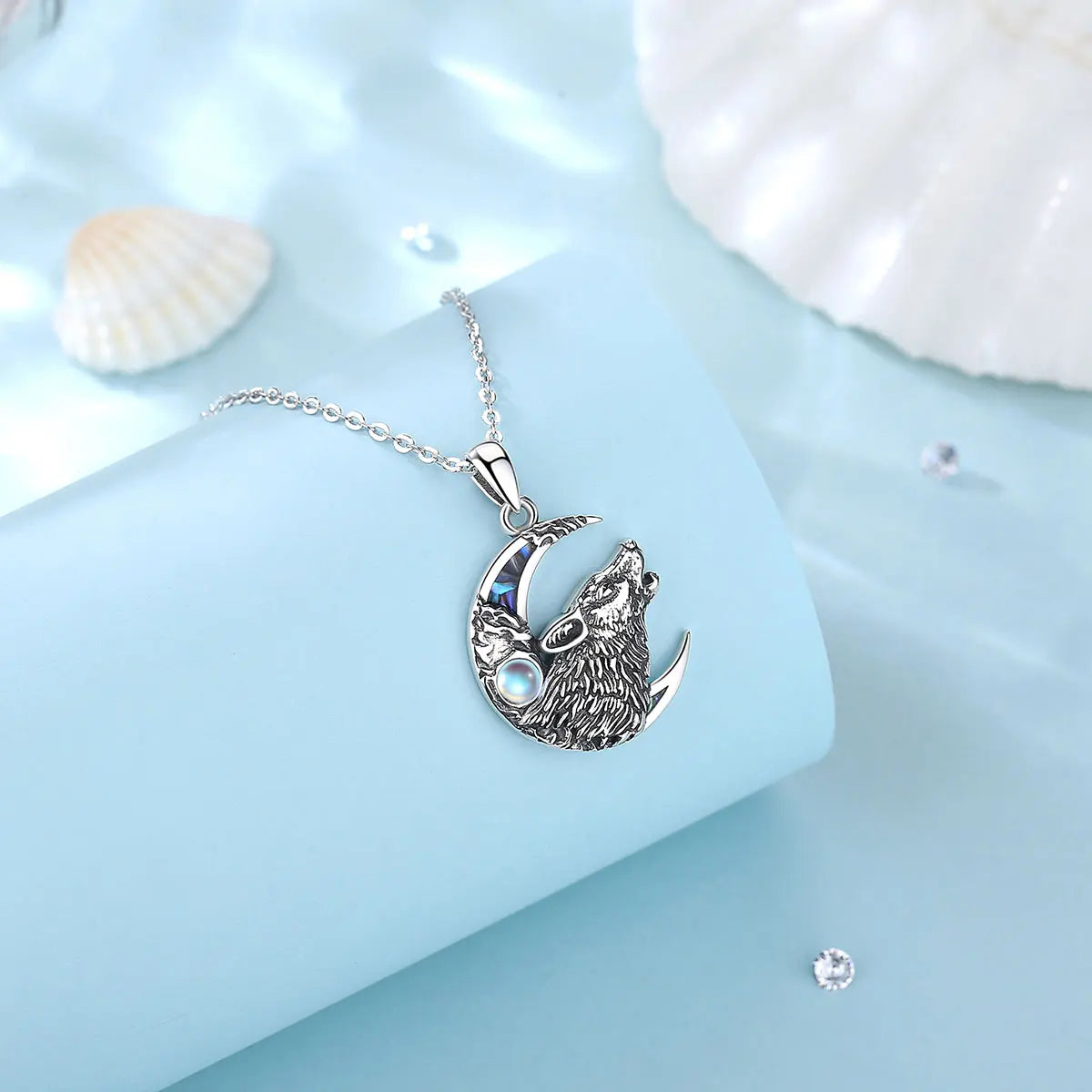 Eudora 925 Sterling Silver Wolf on the Moon Necklace