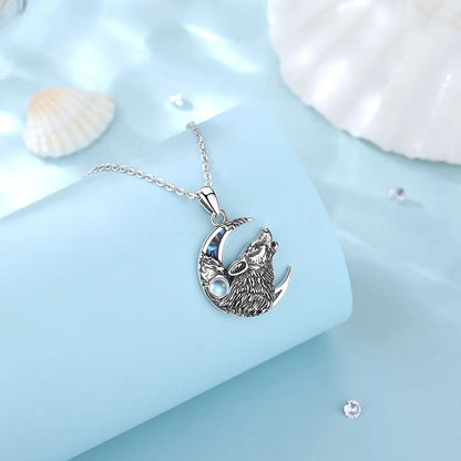 Eudora 925 Sterling Silver Wolf on the Moon Necklace