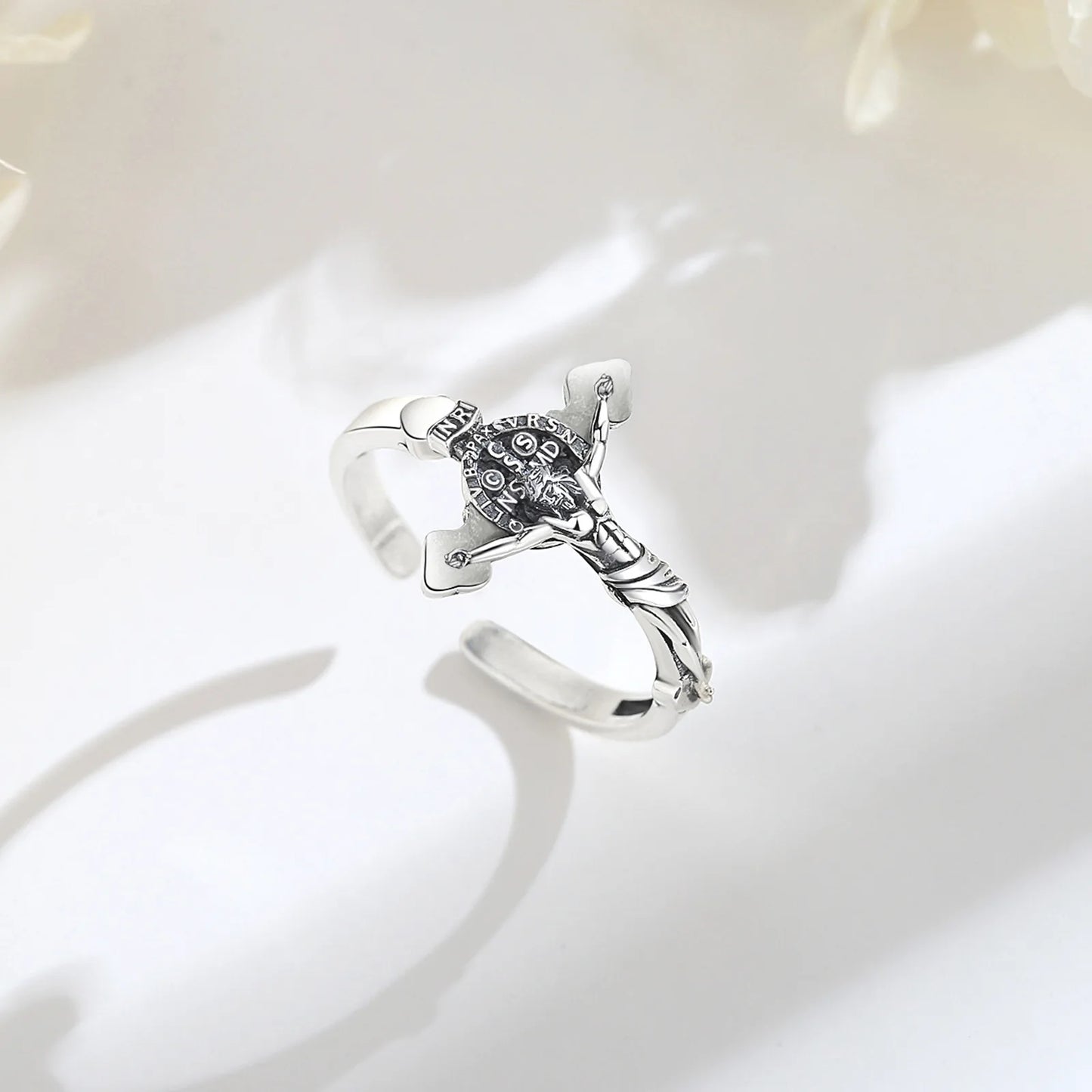 Eudora 925 Sterling Silver Jesus on cross  Adjustable Ring