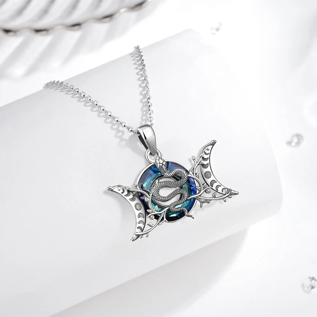 Eudora 925 Sterling Silver Triple Moon Goddess Snake Necklace with Austrian Crystal