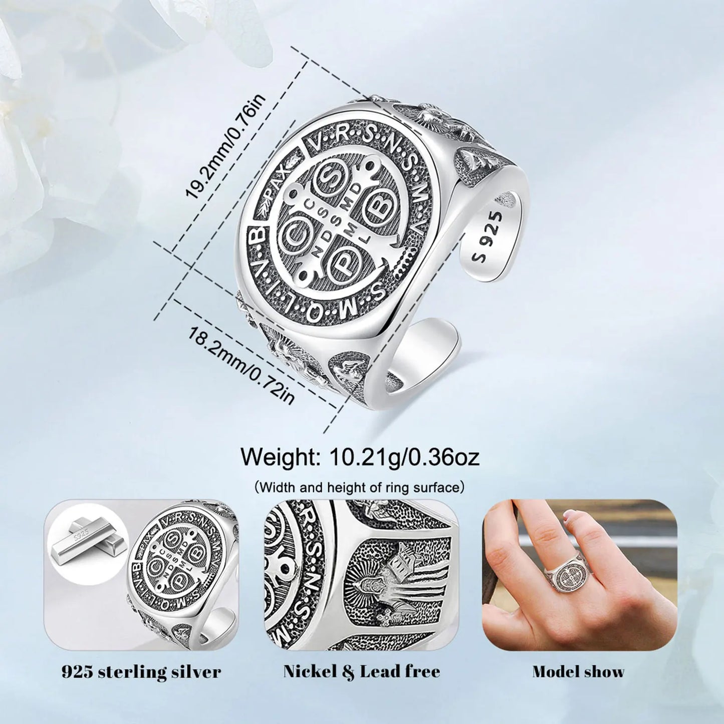 925 Sterling Silver Saint Benedict Adjustable Ring