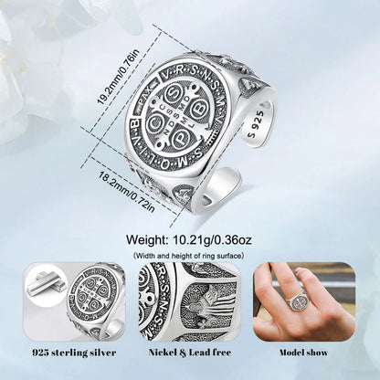 925 Sterling Silver Saint Benedict Adjustable Ring
