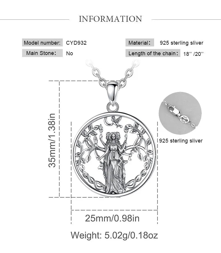 925 Sterling Silver Triple Moon Goddess Necklace Hecate Amulet Pendant