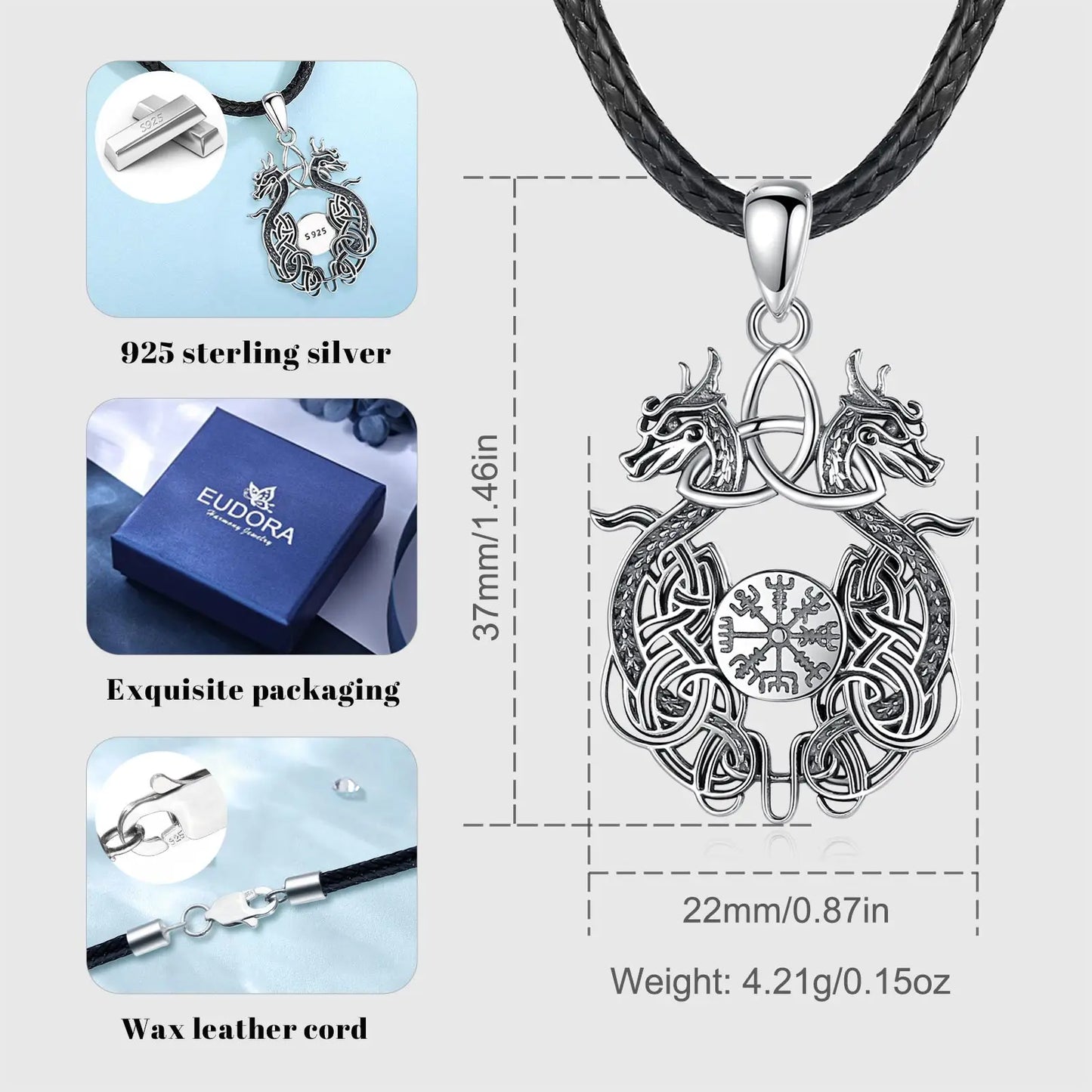 Eudora 925 Sterling Silver Viking Dragon Necklace