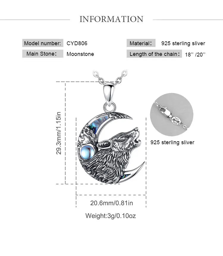 Eudora 925 Sterling Silver Wolf on the Moon Necklace