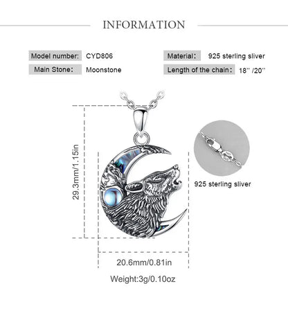 Eudora 925 Sterling Silver Wolf on the Moon Necklace