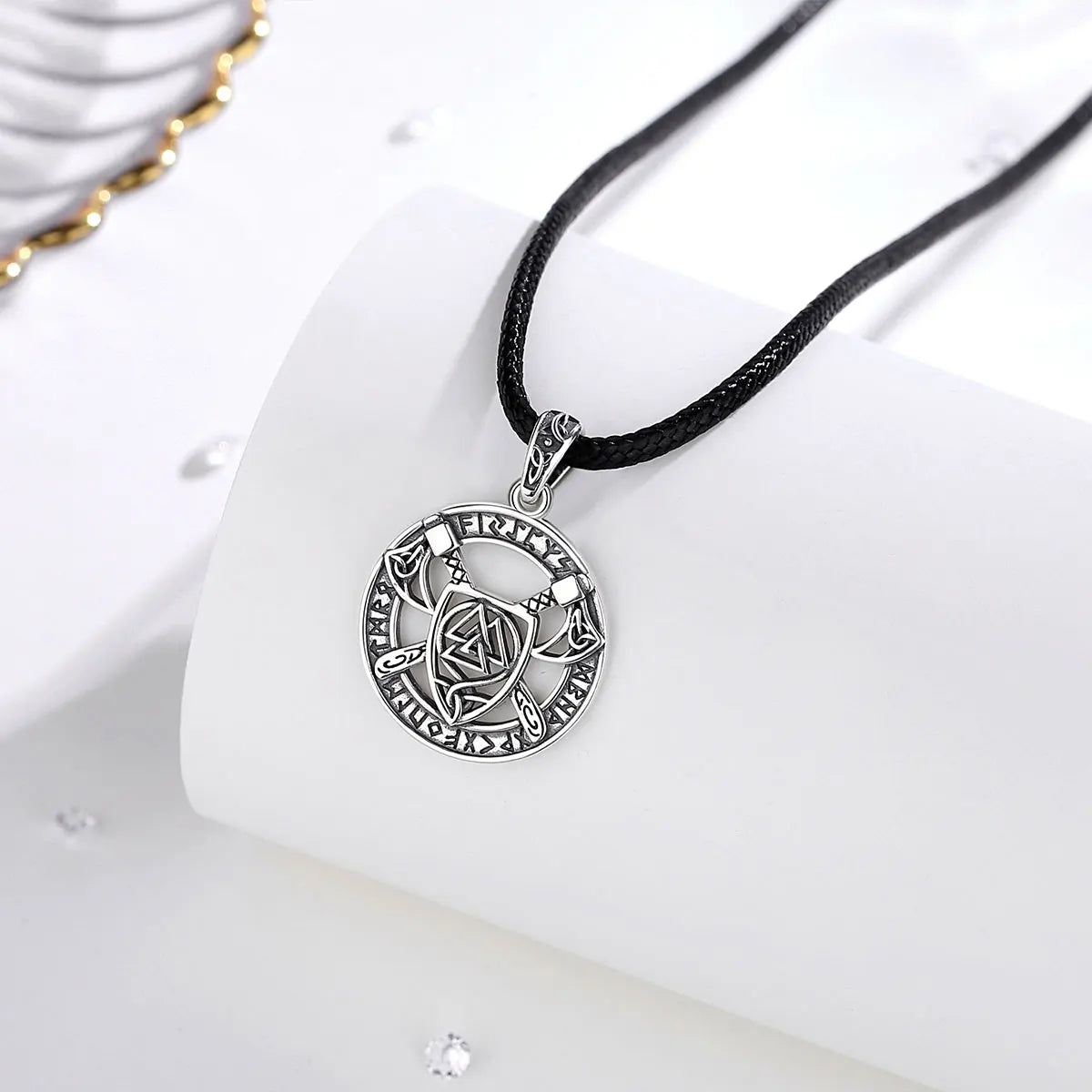 Eudora 925 Sterling Silver Nordic Viking Walknut Pendant with runes and axes