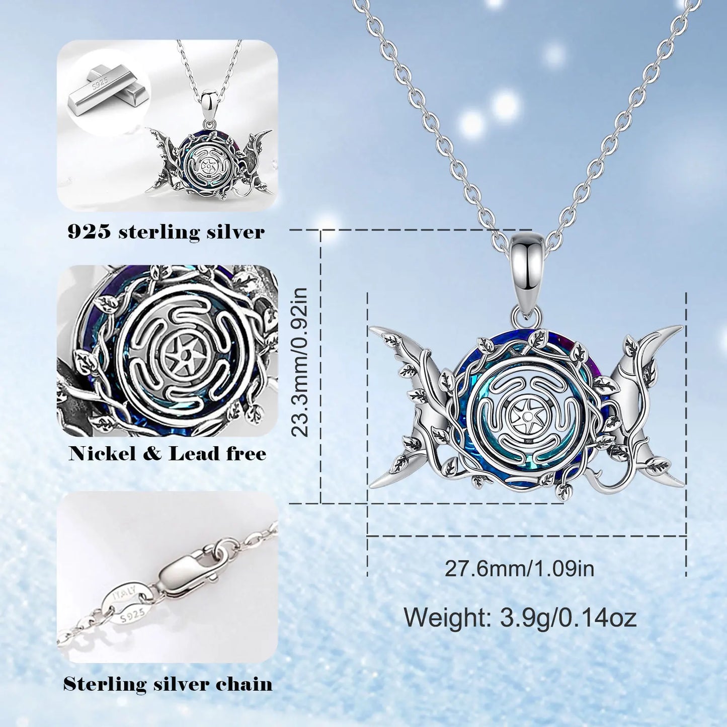 Eudora 925 Sterling Silver Hecate Wheel Necklace for Women Man Austrian Crystal Triple Moon Goddess