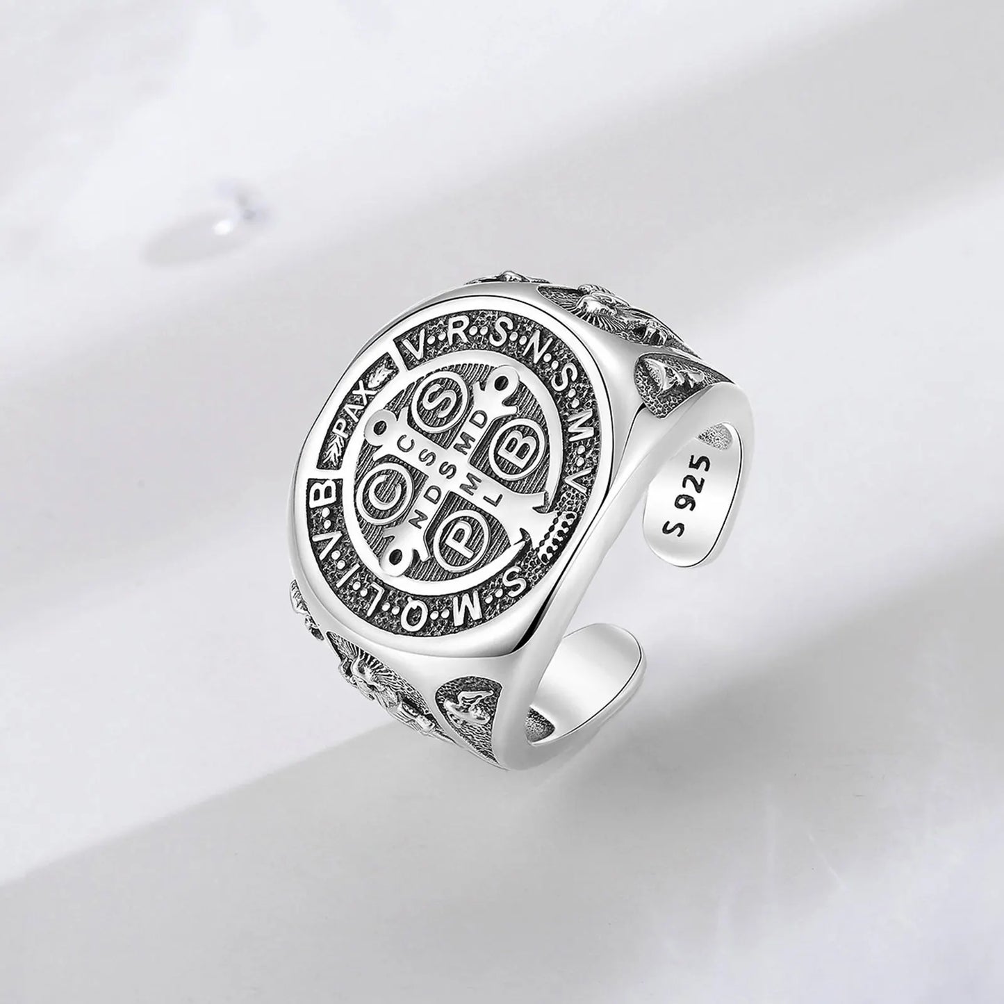 925 Sterling Silver Saint Benedict Adjustable Ring