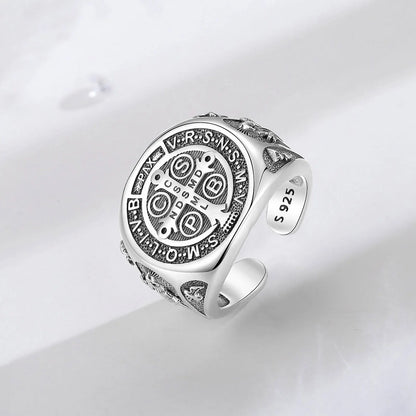 925 Sterling Silver Saint Benedict Adjustable Ring
