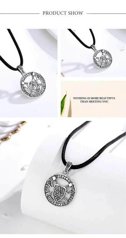 Eudora 925 Sterling Silver Nordic Viking Walknut Pendant with runes and axes