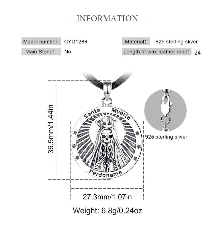 Eudora 925 Sterling Silver Santa Muerte Necklace
