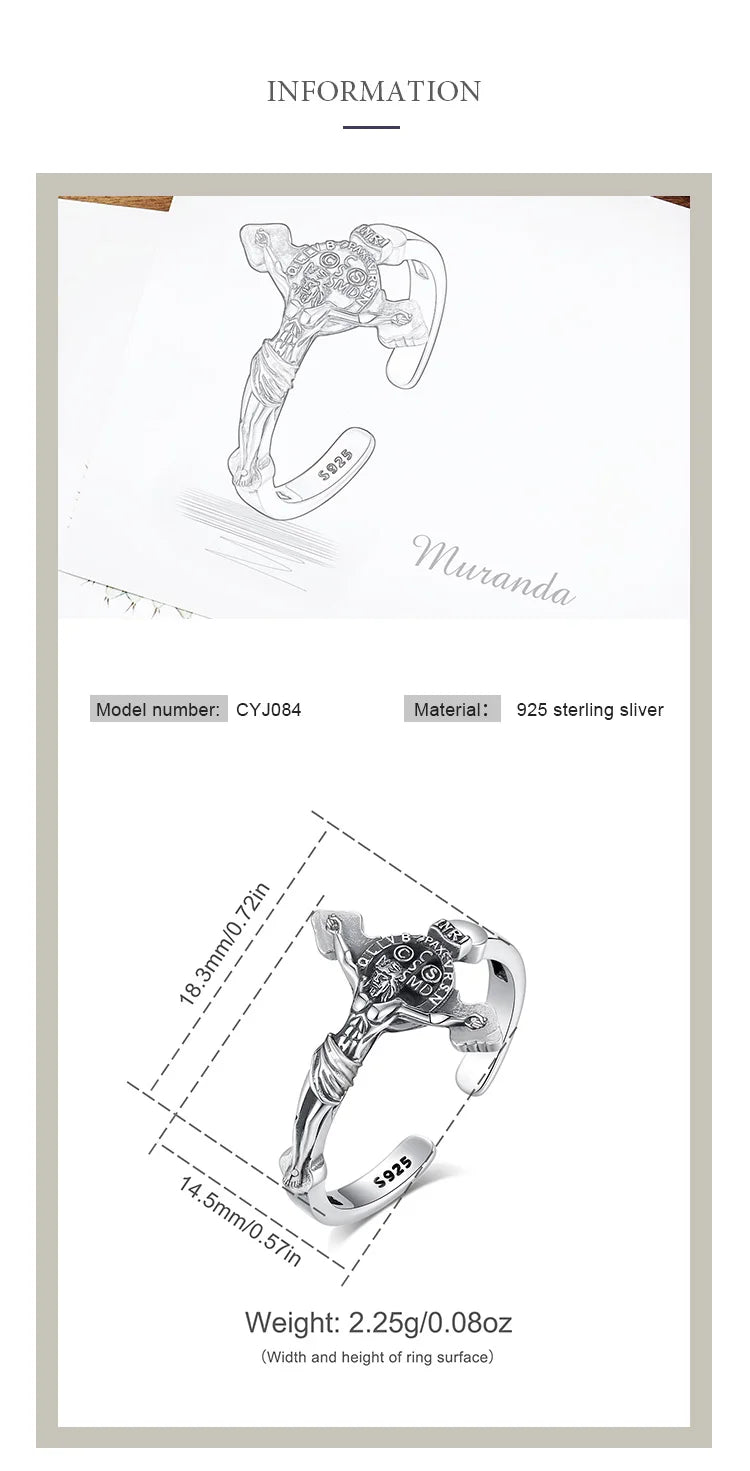 Eudora 925 Sterling Silver Jesus on cross  Adjustable Ring