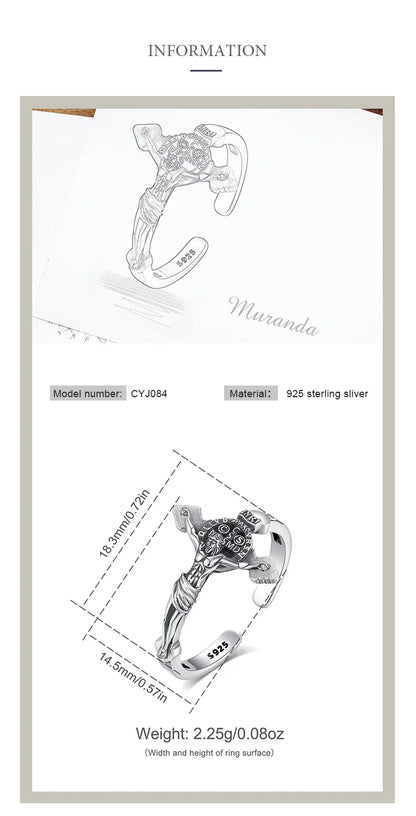 Eudora 925 Sterling Silver Jesus on cross  Adjustable Ring