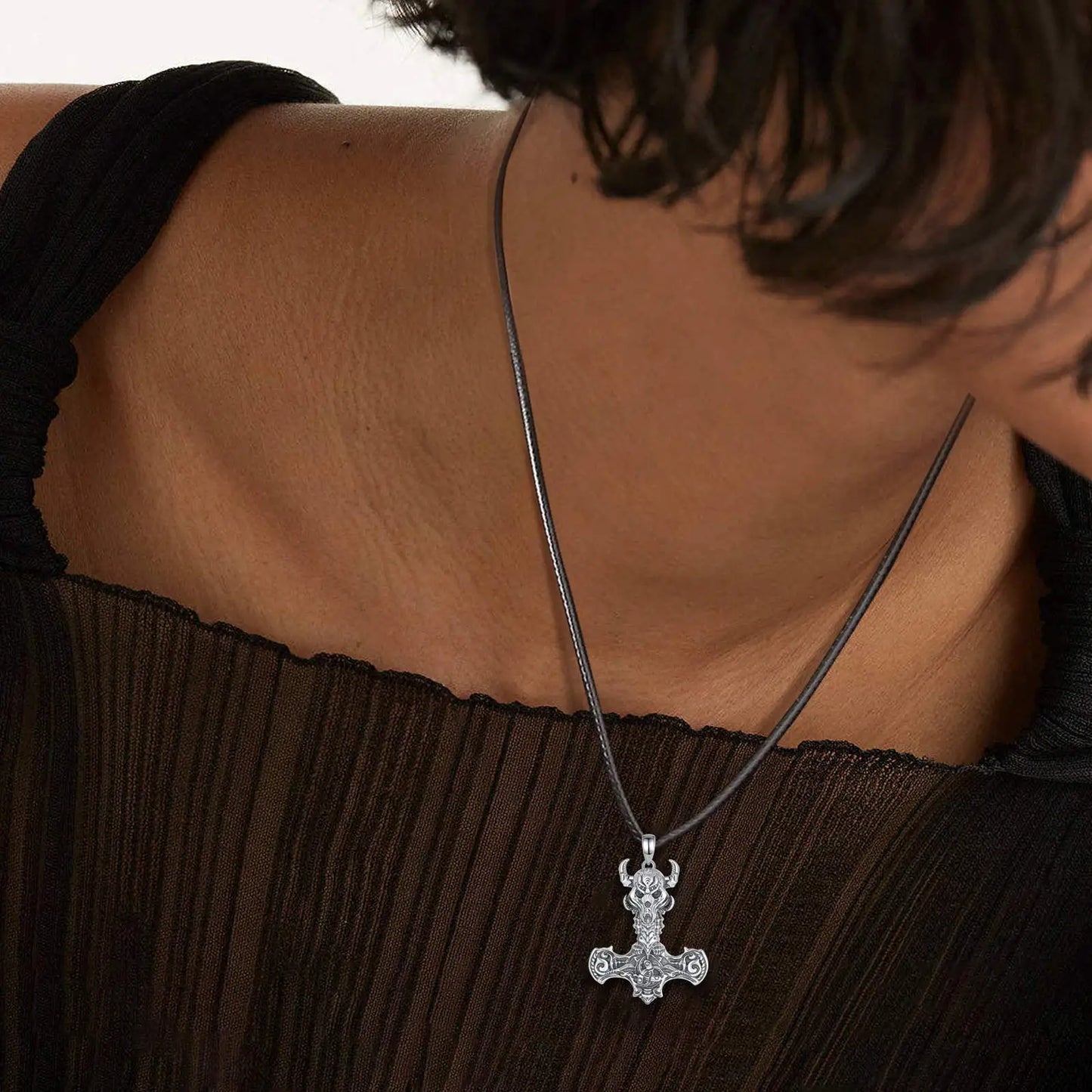 925 Sterling Silver Norse Viking Thor's Hammer skull Rune Necklace
