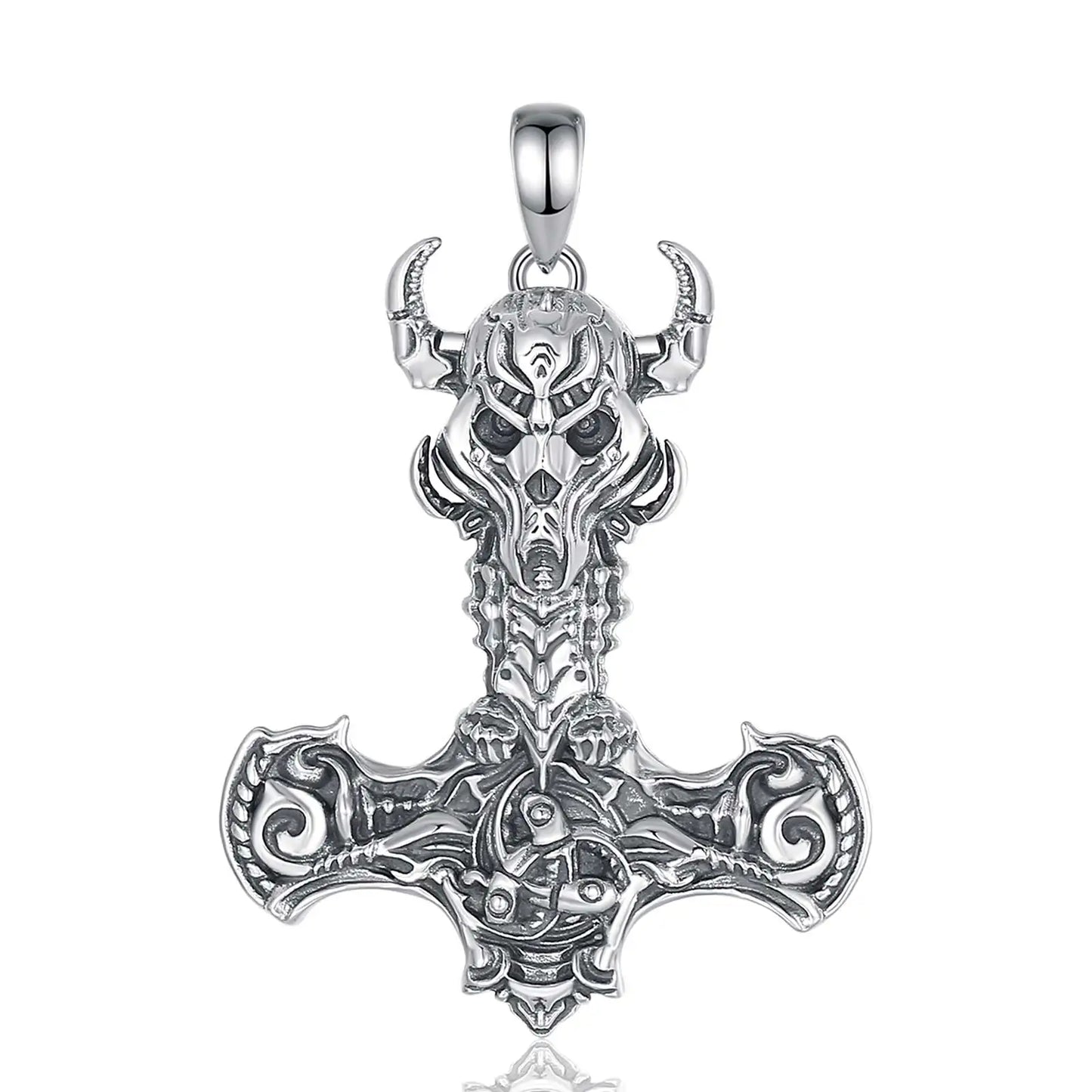 925 Sterling Silver Norse Viking Thor's Hammer skull Rune Necklace