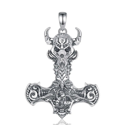 925 Sterling Silver Norse Viking Thor's Hammer skull Rune Necklace