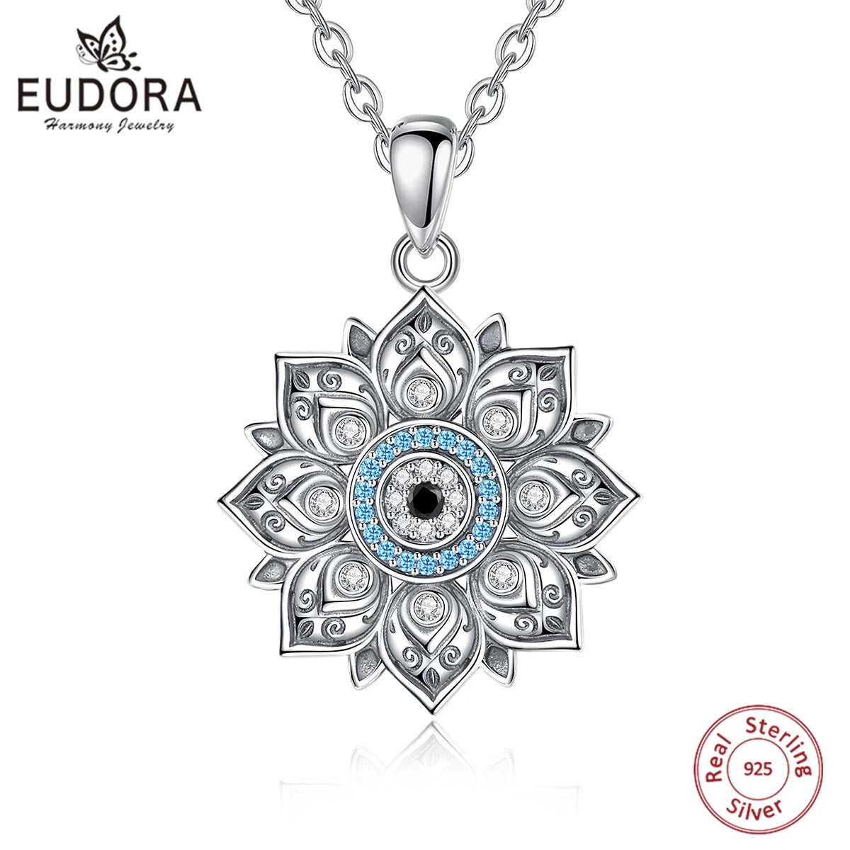 Lotus & Protective Eye 925 Sterling Silver Necklace
