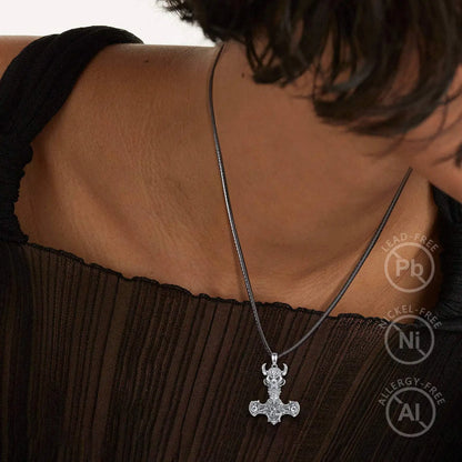 925 Sterling Silver Norse Viking Thor's Hammer skull Rune Necklace