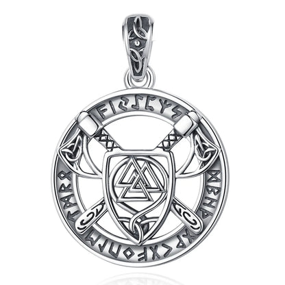 Eudora 925 Sterling Silver Nordic Viking Walknut Pendant with runes and axes