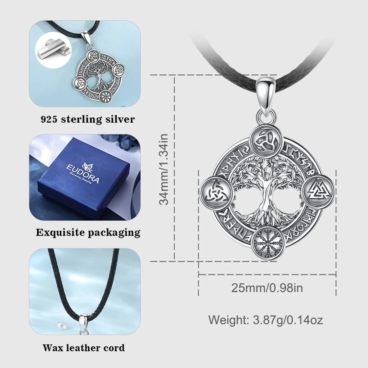 Eudora 925 Sterling Silver Tree of Life Yggdrasil Necklace  with Runes