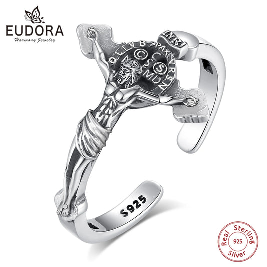 Eudora 925 Sterling Silver Jesus on cross  Adjustable Ring