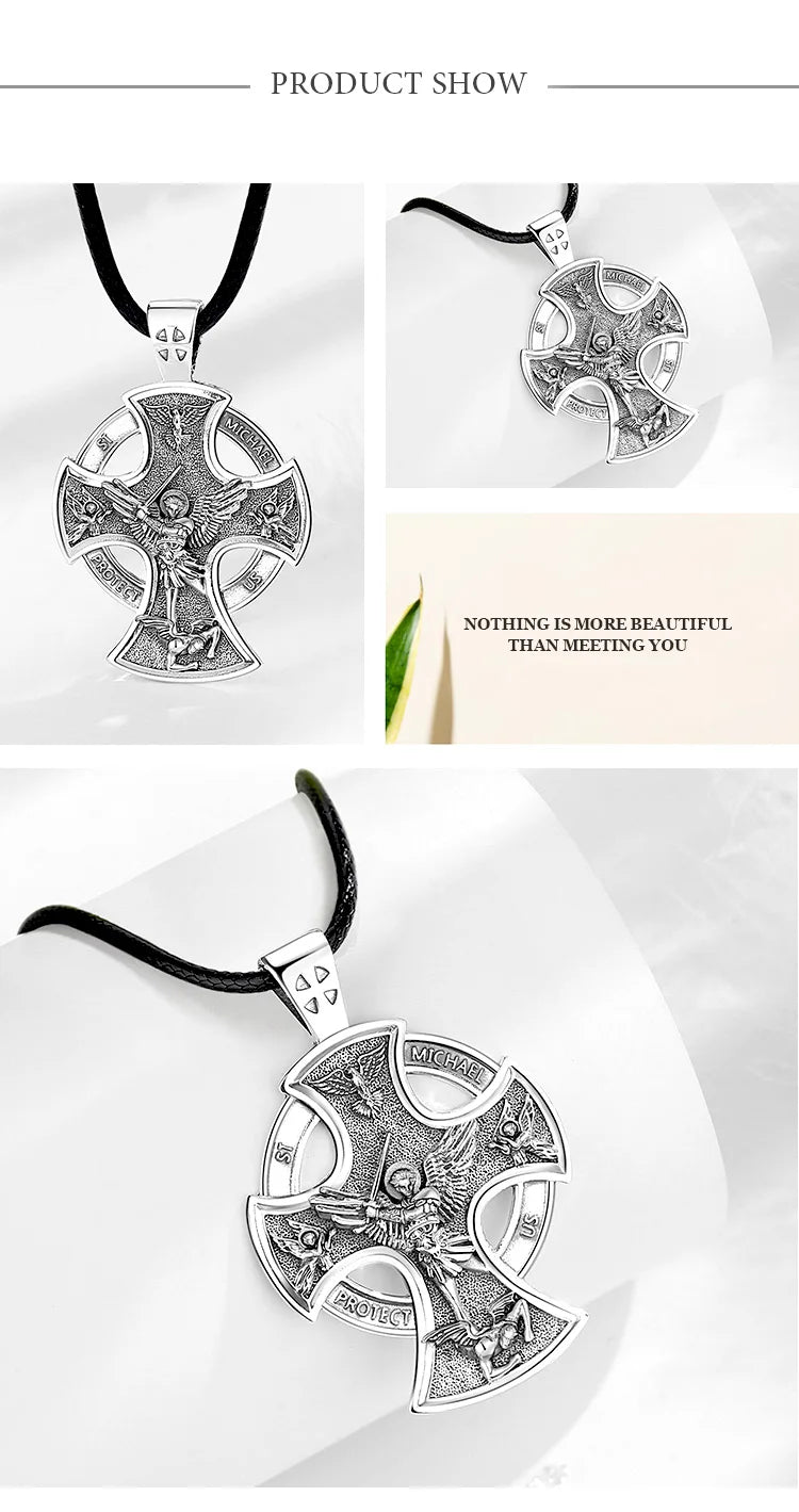 925 Sterling Silver Saint Michael Necklace Cross Amulet Pendant