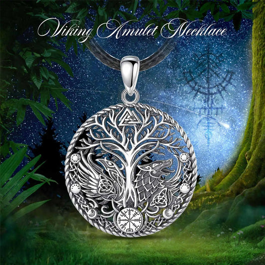 925 Sterling Silver Viking Raven Wolf Necklace