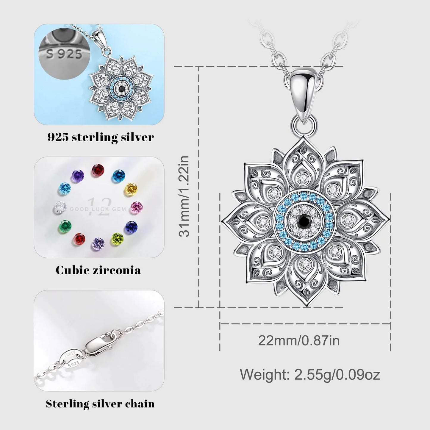 Lotus & Protective Eye 925 Sterling Silver Necklace