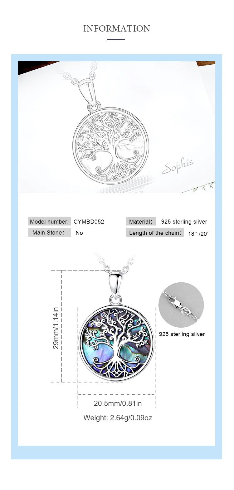 EUDORA Genuine 925 Sterling Silver Tree of Life