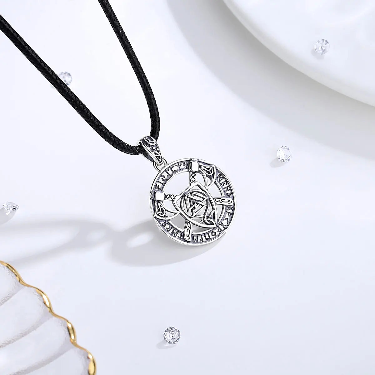 Eudora 925 Sterling Silver Nordic Viking Walknut Pendant with runes and axes