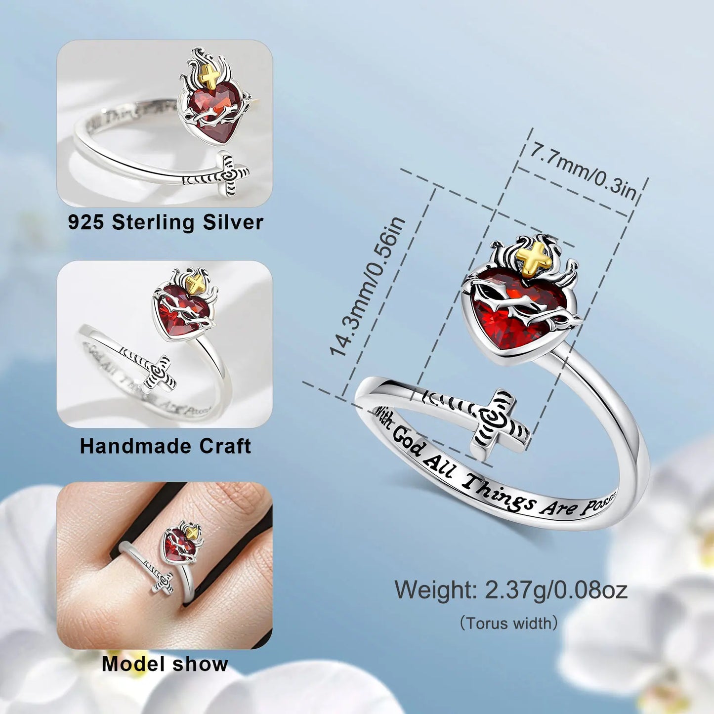 Eudora 925 Sterling Silver Sacred Heart of Jesus Adjustable Ring