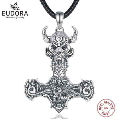 925 Sterling Silver Norse Viking Thor's Hammer skull Rune Necklace