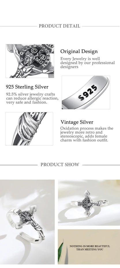 Eudora 925 Sterling Silver Jesus on cross  Adjustable Ring